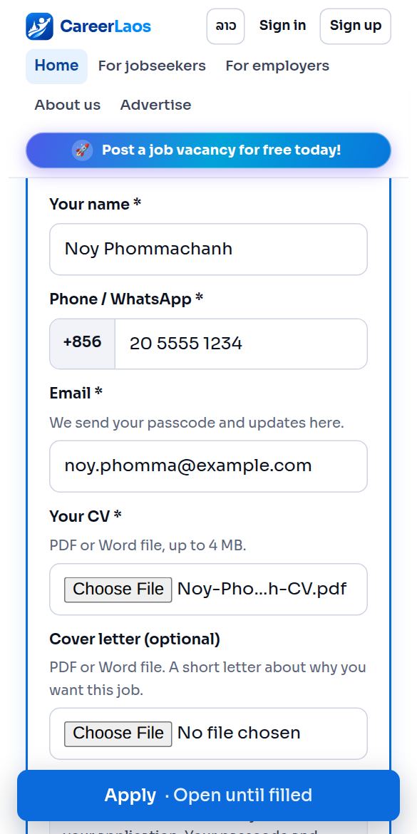 Screenshot: Fill in a few details and attach your CV